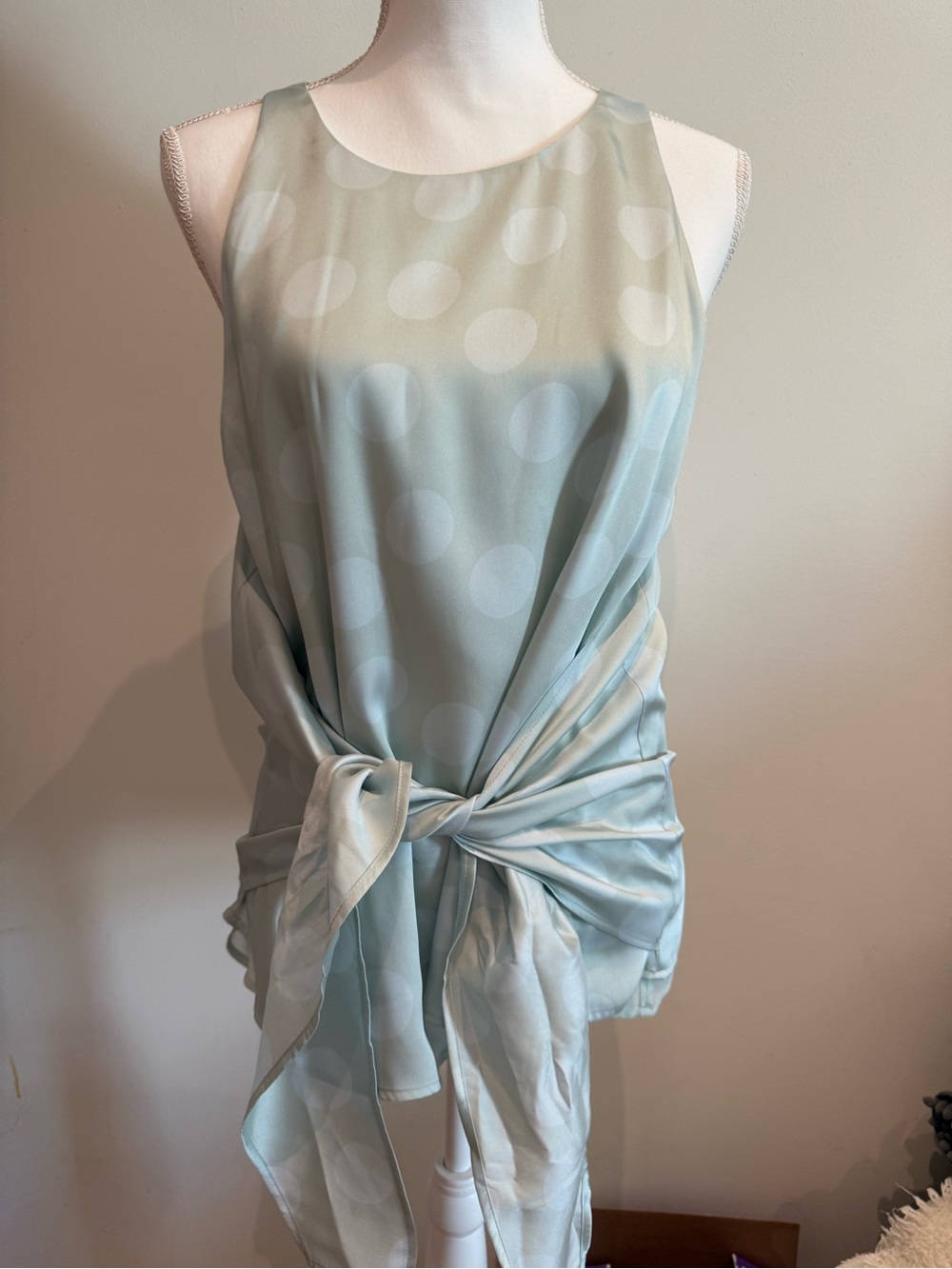 Donna Karan Light Blue Polka Dot Tie-Waist Sleeveless Top